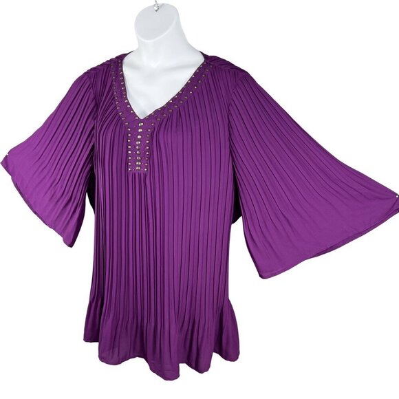 Woman Within NEW 2X 26-28 Purple Pleated Top Studded Bell Sleeves Fairycore - Picture 7 of 16